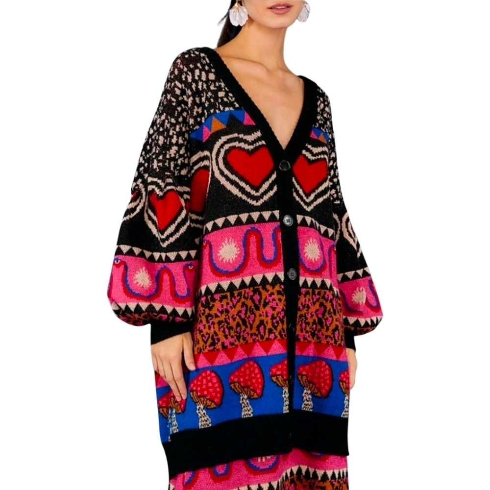 New! FARM Rio Graphic Elements Ainika Cardigan Mushroom Leopard Wool Sweater